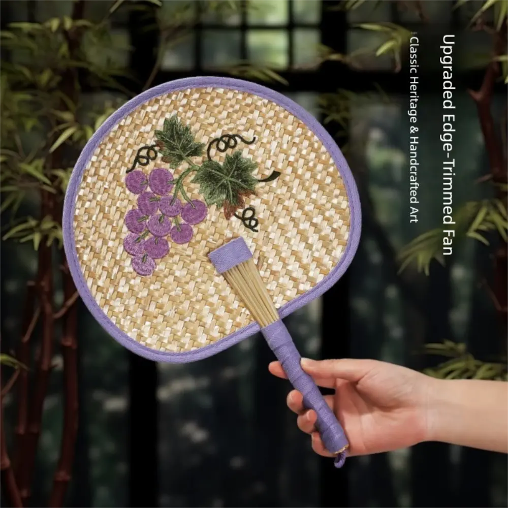 Flower Embroidery Hand-Woven Straw Fan Environmentally Friendly Natural Summer Cooling Hand Fan Light Weight Decorative Fan