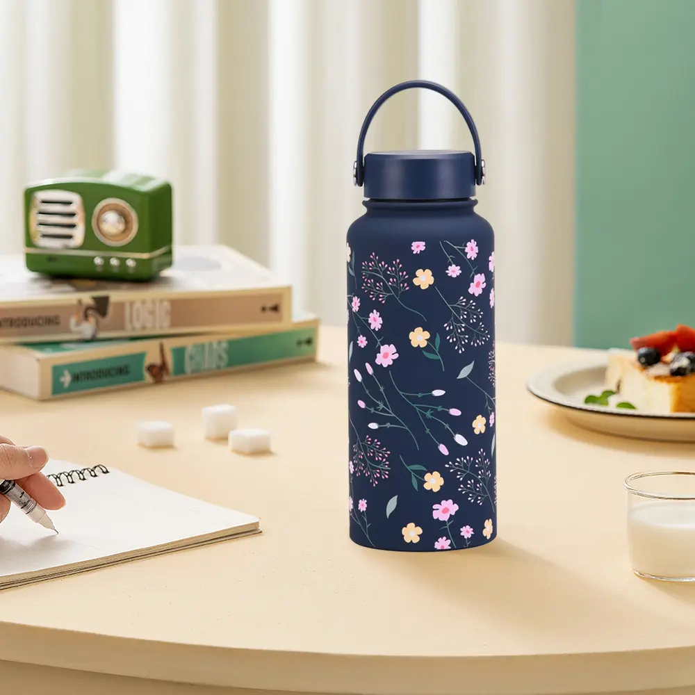 1000ml Stainless Steel Insulated Bottle Thickened Wide Mouth Sports Water Bottle Large Capacity with Handle Printed Cup