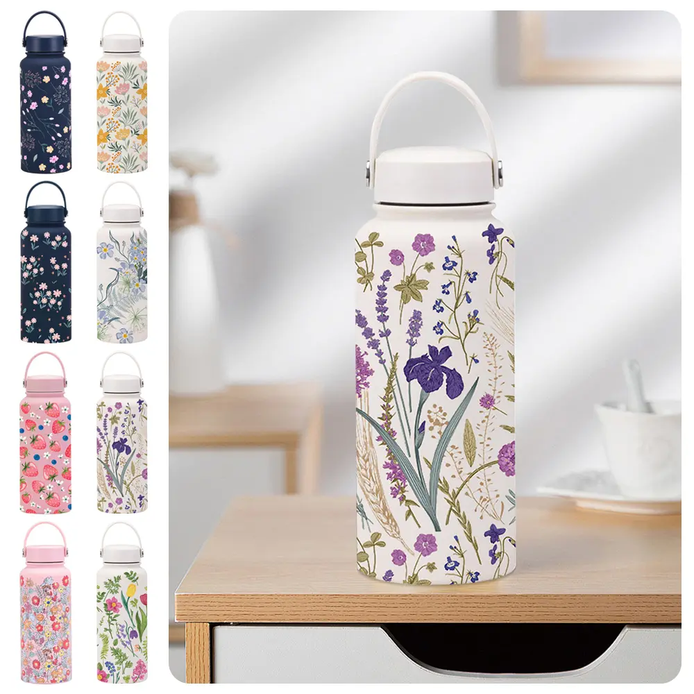 1000ml Stainless Steel Insulated Bottle Thickened Wide Mouth Sports Water Bottle Large Capacity with Handle Printed Cup