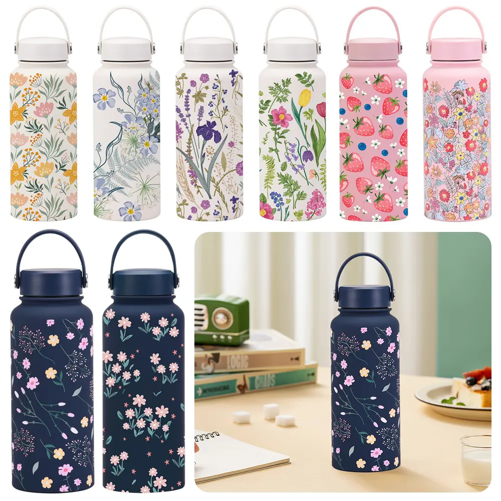 1000ml Stainless Steel Insulated Bottle Thickened Wide Mouth Sports Water Bottle Large Capacity with Handle Printed Cup