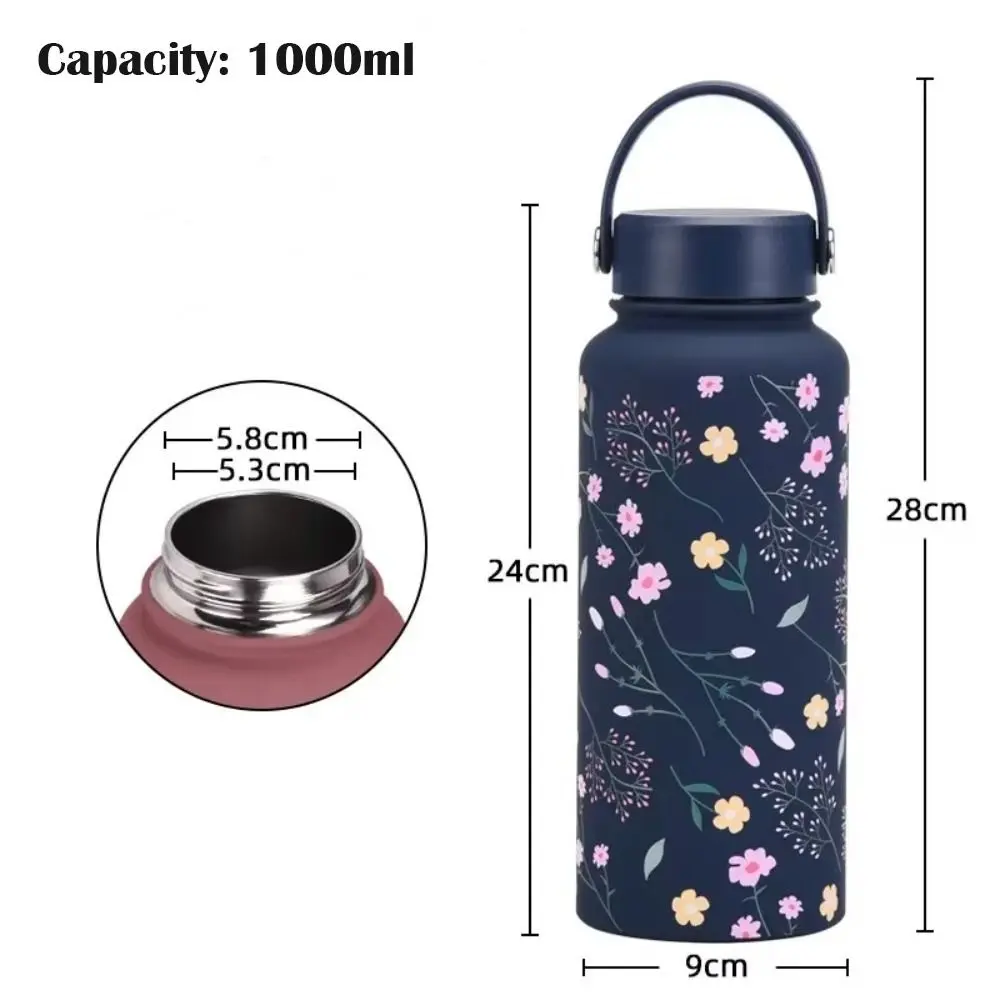 1000ml Stainless Steel Insulated Bottle Thickened Wide Mouth Sports Water Bottle Large Capacity with Handle Printed Cup