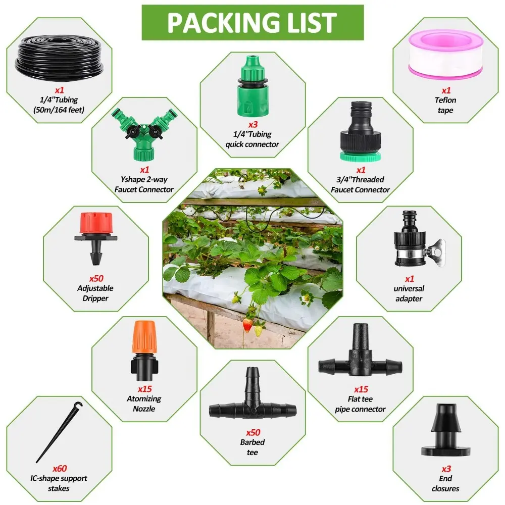 164FT/50M Automatic Garden Irrigation Suit with 1/4inch Hose Drippers Garden Watering System Blank Distribution Tubing