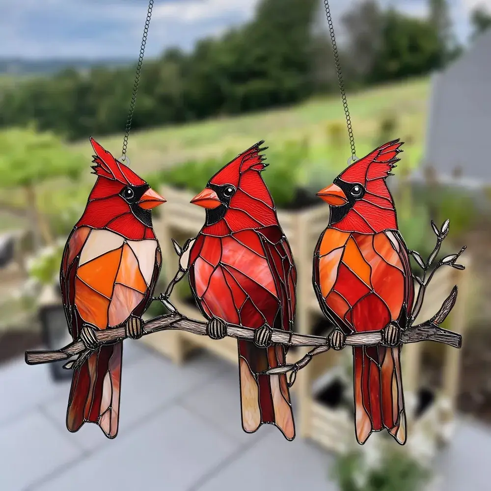 7.9inch Sun Catcher Pendent Red Bird Acrylic Floral Wreath Window Hanging HD Painting 2D Pendant Decoration Living Room Bedroom