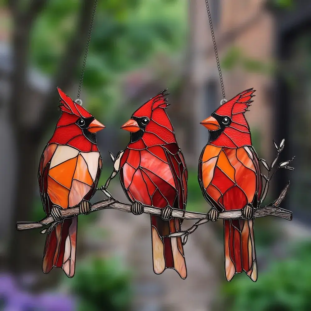 7.9inch Sun Catcher Pendent Red Bird Acrylic Floral Wreath Window Hanging HD Painting 2D Pendant Decoration Living Room Bedroom