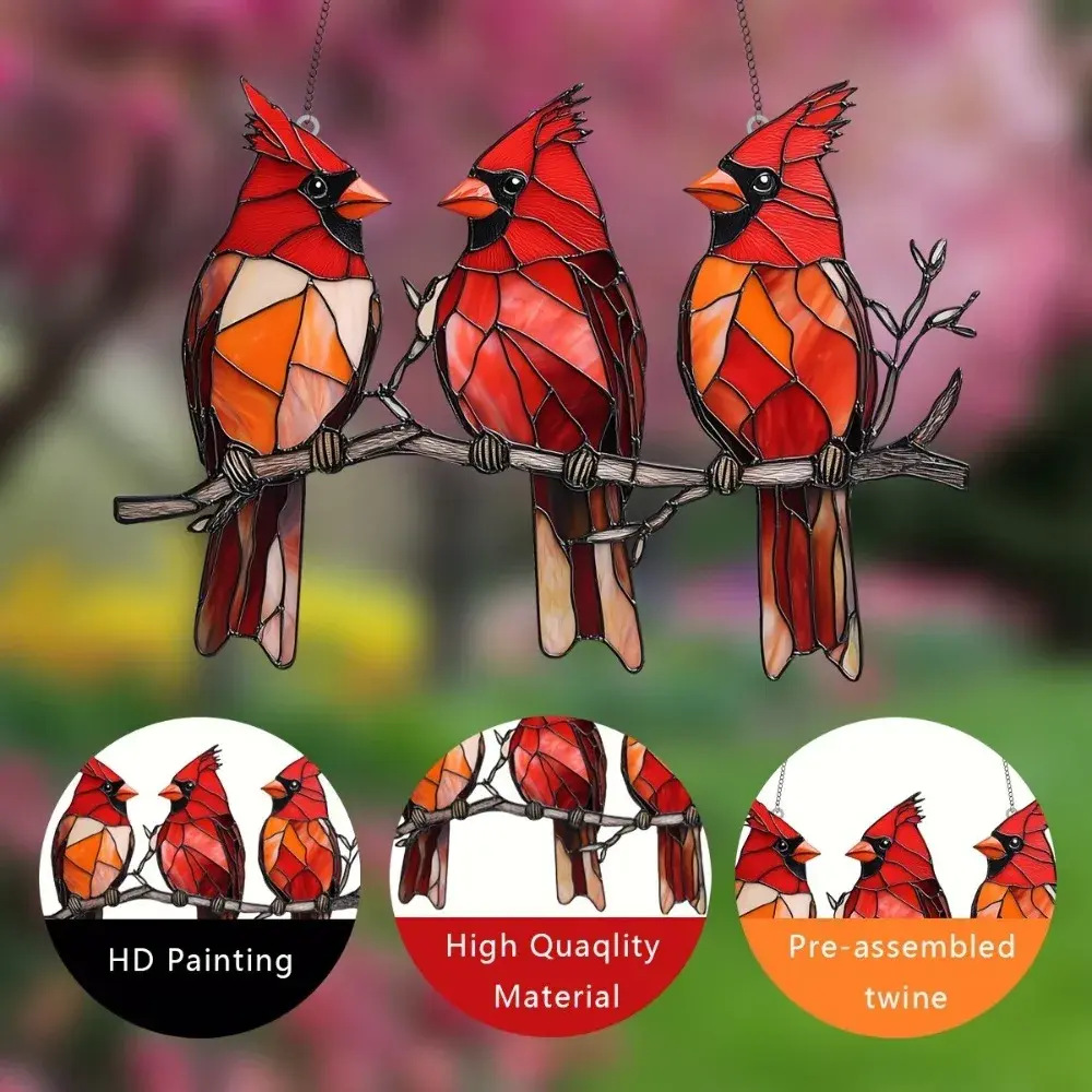 7.9inch Sun Catcher Pendent Red Bird Acrylic Floral Wreath Window Hanging HD Painting 2D Pendant Decoration Living Room Bedroom