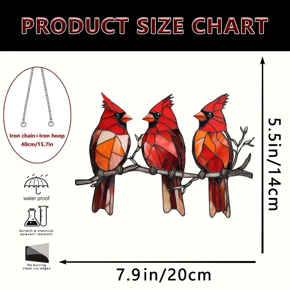 7.9inch Sun Catcher Pendent Red Bird Acrylic Floral Wreath Window Hanging HD Painting 2D Pendant Decoration Living Room Bedroom