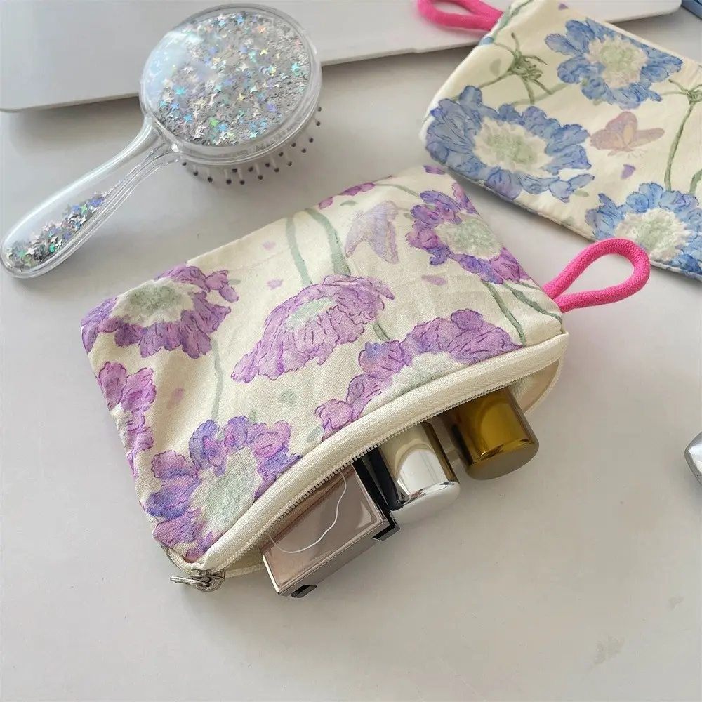 Portable Mini Lipstick Key Cosmetic Bag Zipper Flower Pattern Coin Purse Card Holder for Women Girls