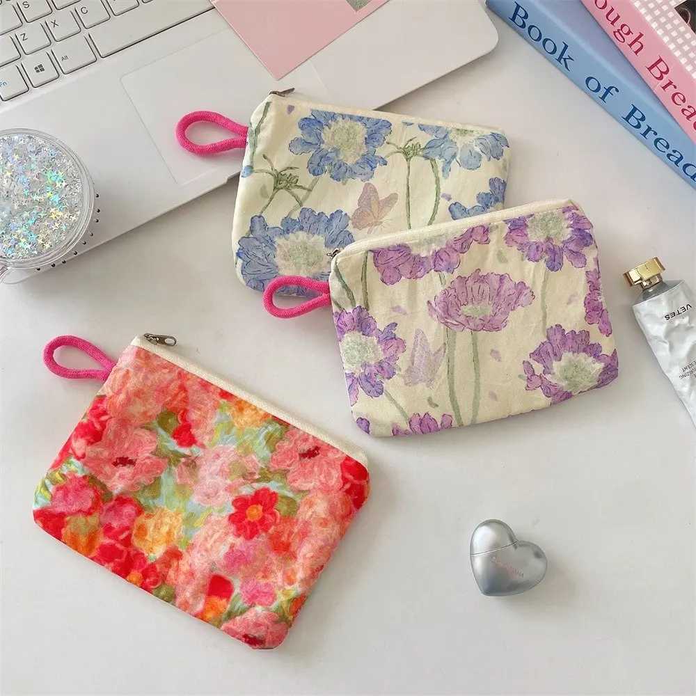 Portable Mini Lipstick Key Cosmetic Bag Zipper Flower Pattern Coin Purse Card Holder for Women Girls