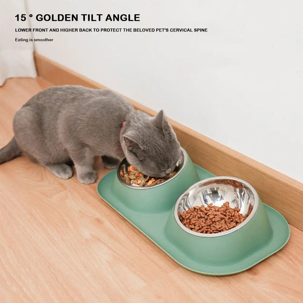 Stable Double Bowls Cat Bowl Stainless Steel Anti-toppling Cat Food Bowl Elevated Large Capacity Cat Food Container Pet Supplies