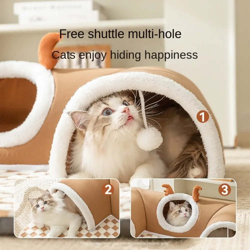 Playful Plush Material Cat Tunnel Bed Thicken Warm Tube Shape Plush Tunnel Toy Brown Grey Pet House for Indoor Use