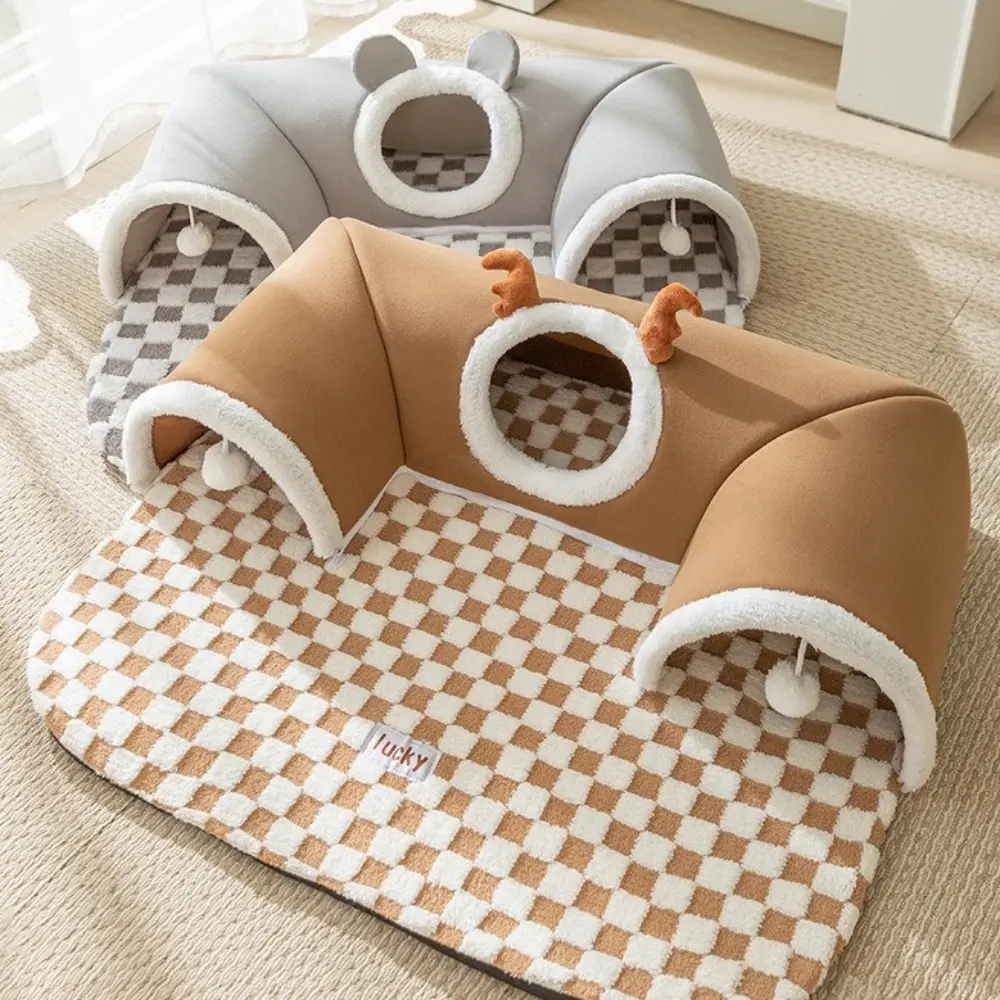 Playful Plush Material Cat Tunnel Bed Thicken Warm Tube Shape Plush Tunnel Toy Brown Grey Pet House for Indoor Use