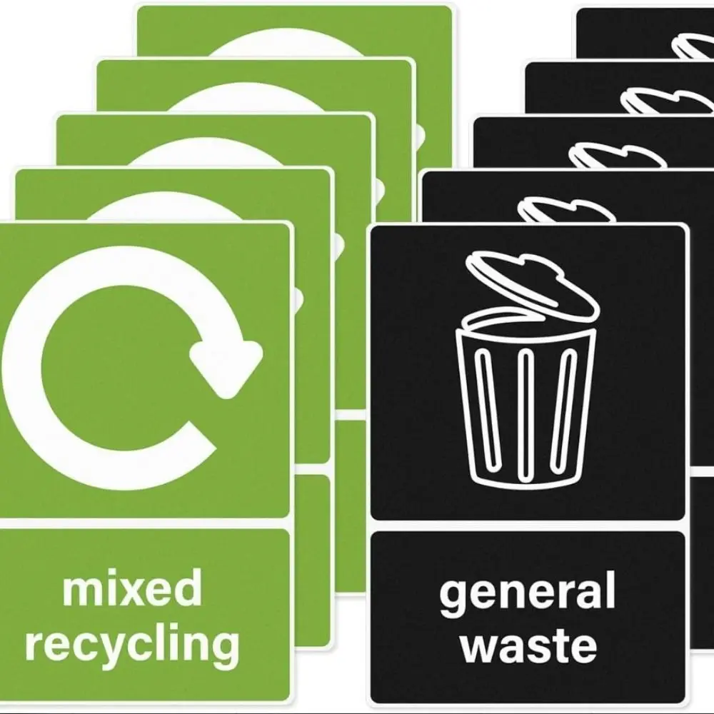 10PCS New Weatherproof Trash Bin Stickers Environment Friendly 15x10mm Symbol Stickers Recycle Decals Outdoor