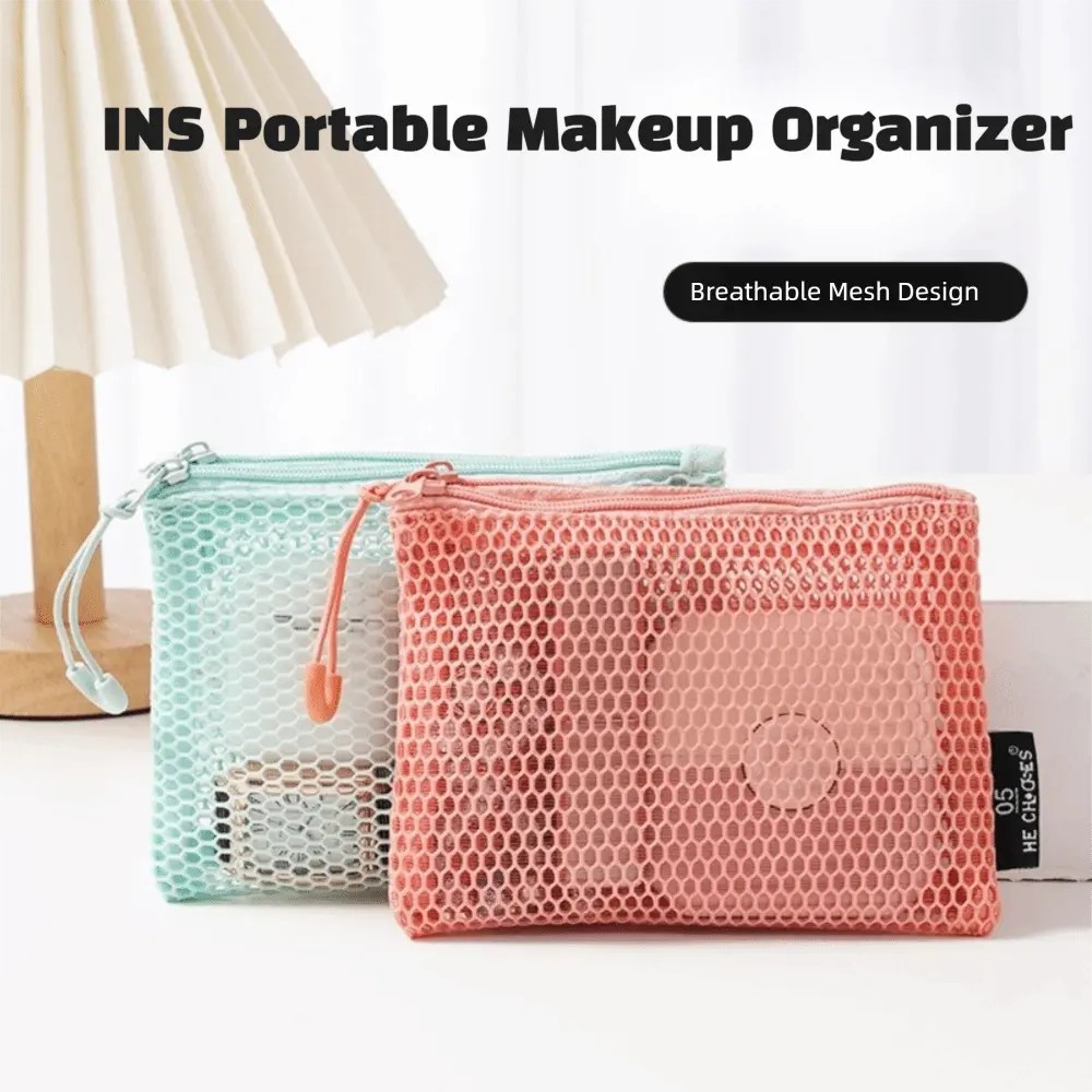 Fashion With Handle Grid Storage Bag Multi-function Large Capacity Cosmetic Bag Double Zipper Coin Bag