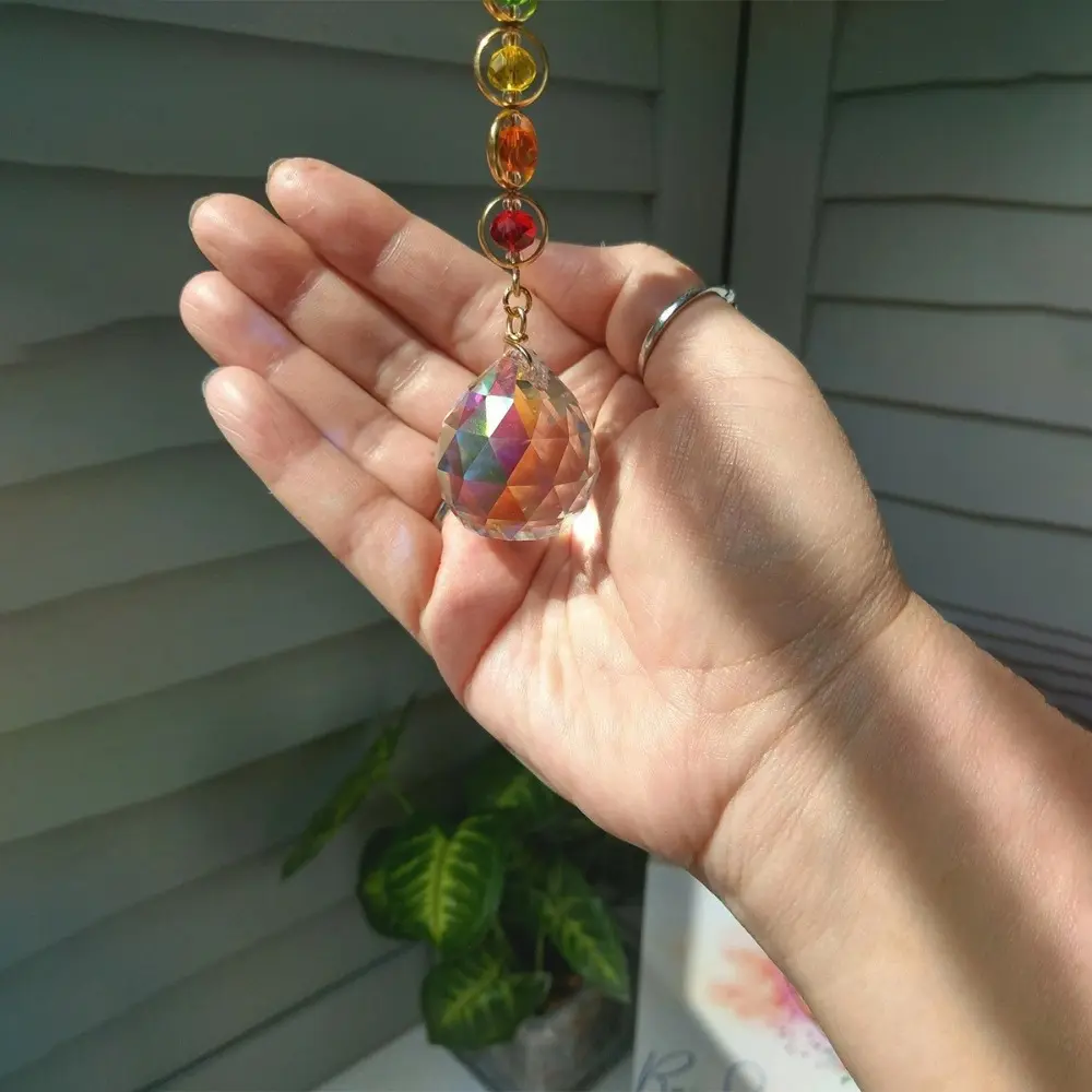 Colorful Crystal Sun Catcher With Hanging Chain Reflective Catchers Hanging Pendant Rainbow Maker Prism