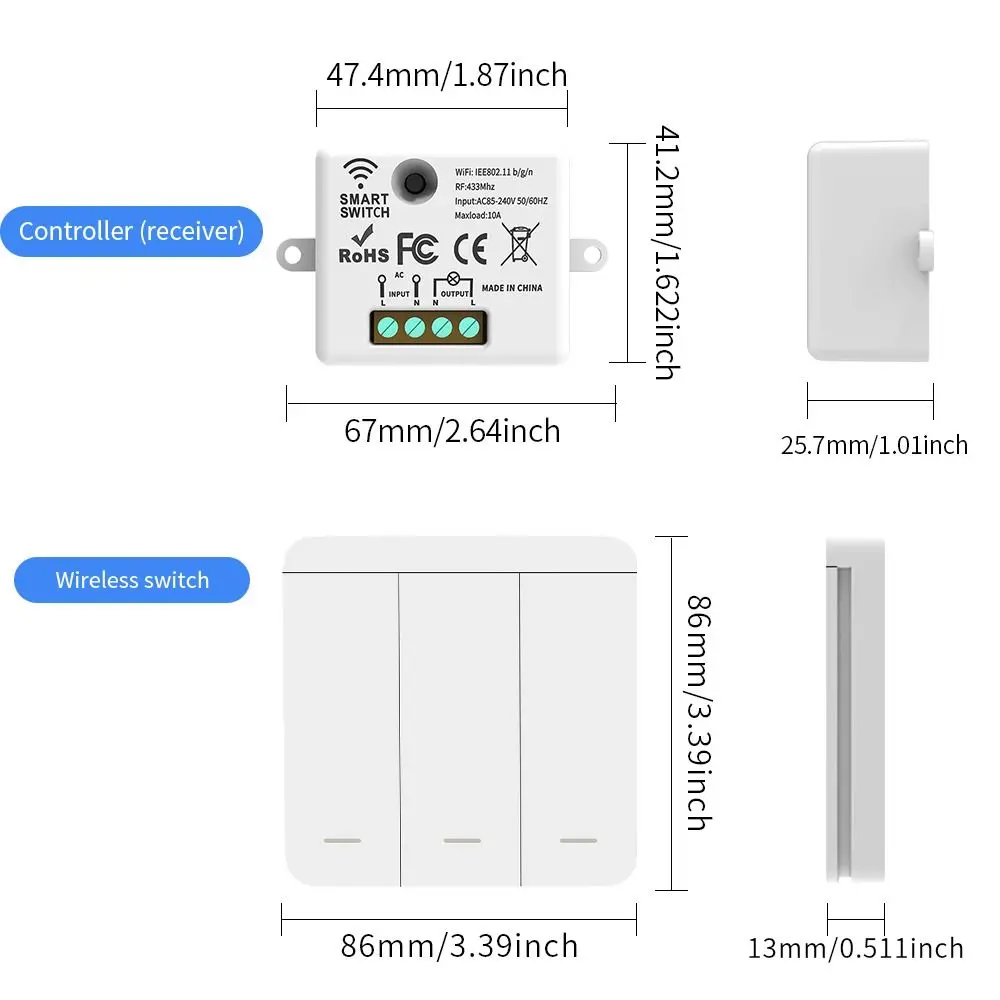 433MHz Wireless Smart Switch 1/2/3Gang Convenient Wall Panel Switch Sticker Design AC85-265V Remote Control Switch