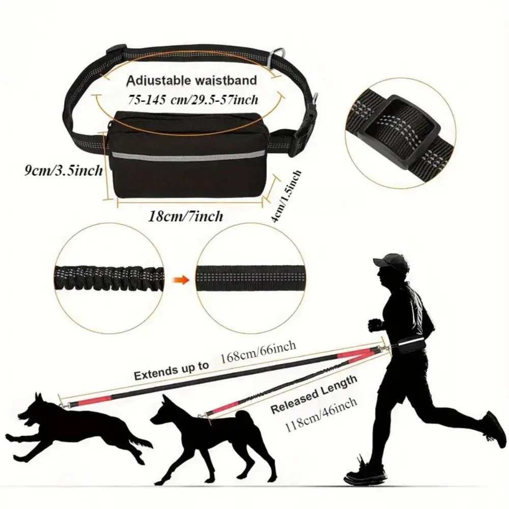 Portable Single/Double Rope Sports Waist Bag Adjustable Waistband Hands Free Dog Leash Reflective Dog Traction Rope Hiking