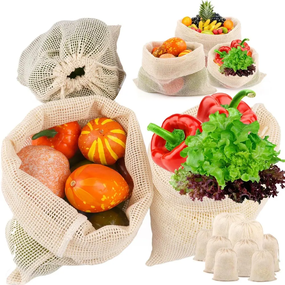 Cotton Vegetable Fruit Storage Bags with Drawstring Washable Reusable Produce Bags Filter Mesh Storage Pouch Kitchen Gadget