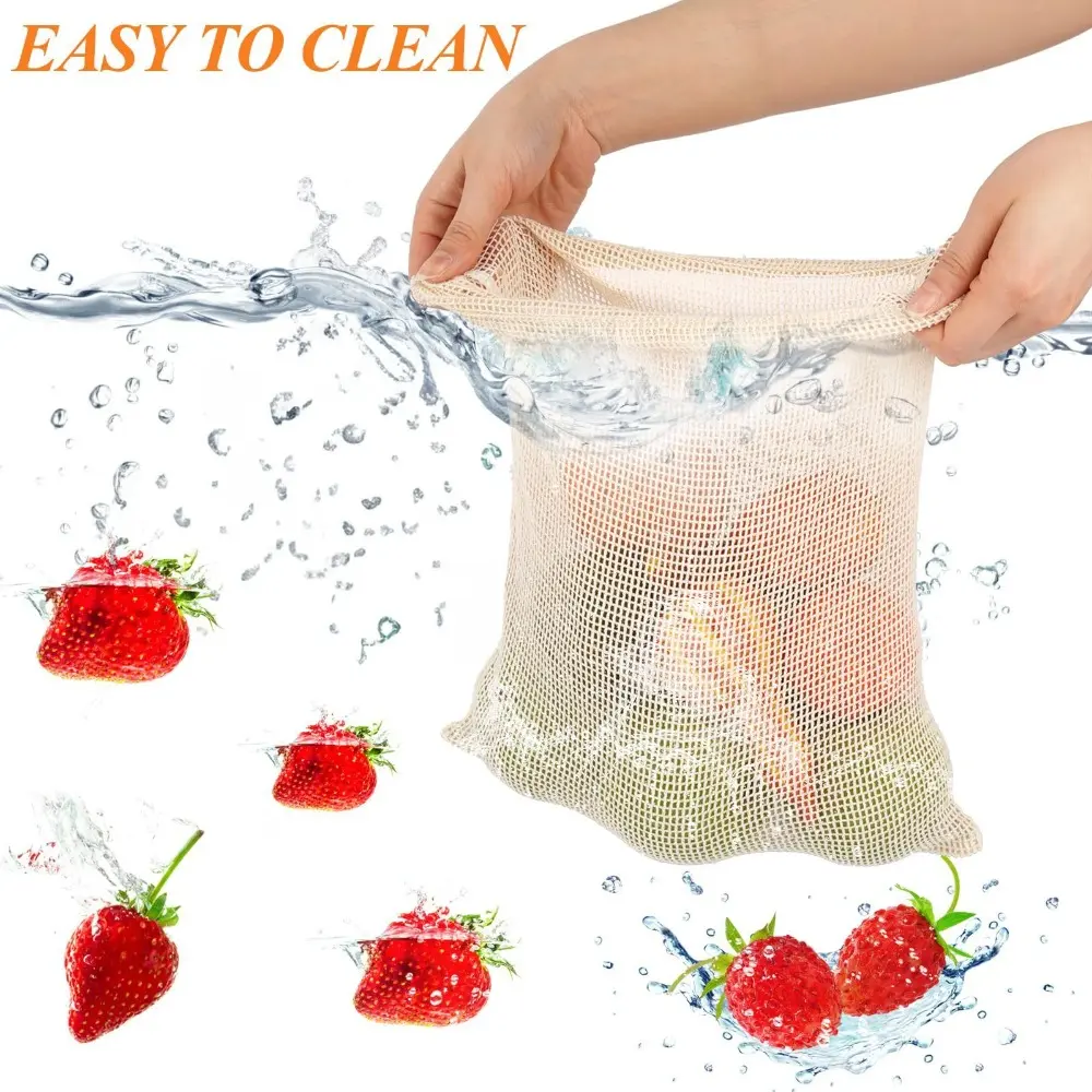 Cotton Vegetable Fruit Storage Bags with Drawstring Washable Reusable Produce Bags Filter Mesh Storage Pouch Kitchen Gadget