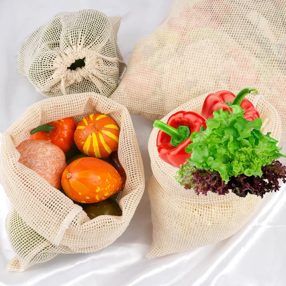Cotton Vegetable Fruit Storage Bags with Drawstring Washable Reusable Produce Bags Filter Mesh Storage Pouch Kitchen Gadget