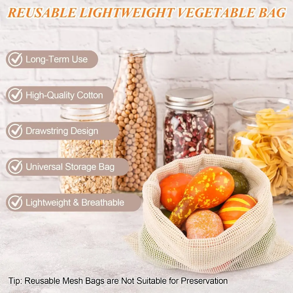 Cotton Vegetable Fruit Storage Bags with Drawstring Washable Reusable Produce Bags Filter Mesh Storage Pouch Kitchen Gadget