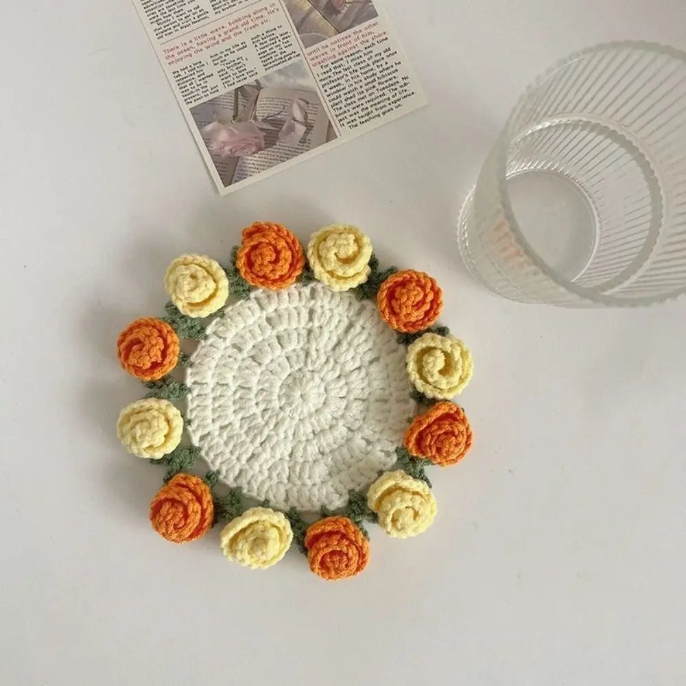 New DIY Rose Bouquet Coaster Hand Knitted Mini Flower Coasters Crochet Flower Pot Mother's Day Gift