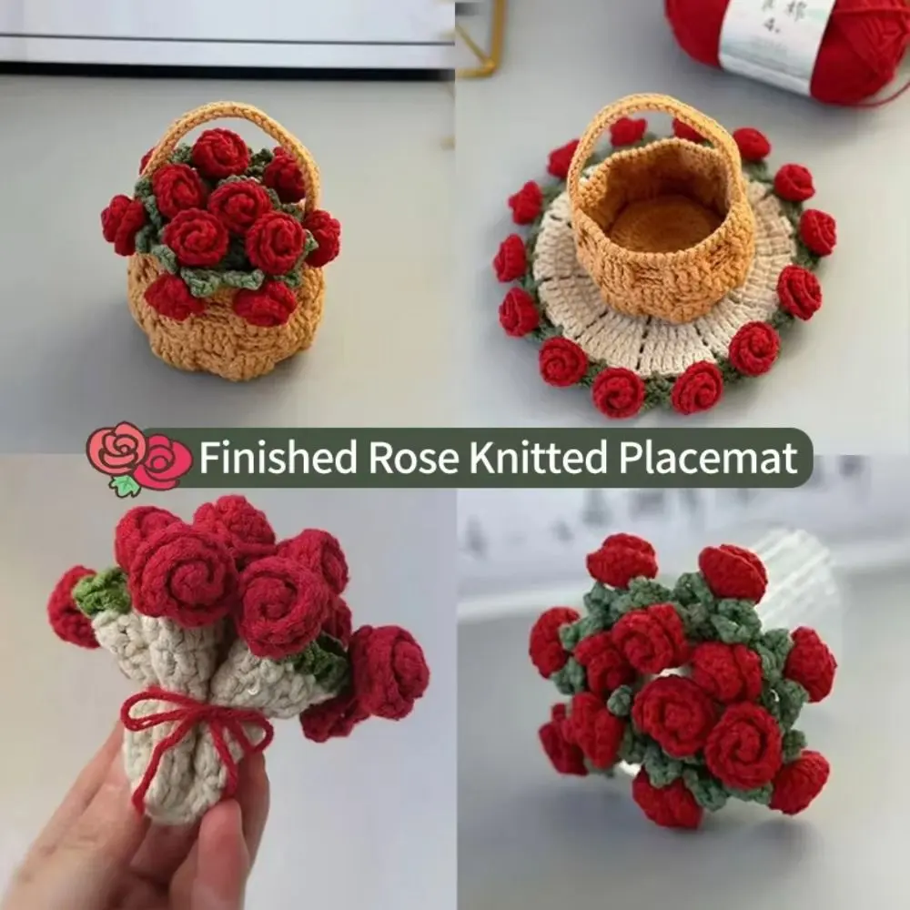 New DIY Rose Bouquet Coaster Hand Knitted Mini Flower Coasters Crochet Flower Pot Mother's Day Gift