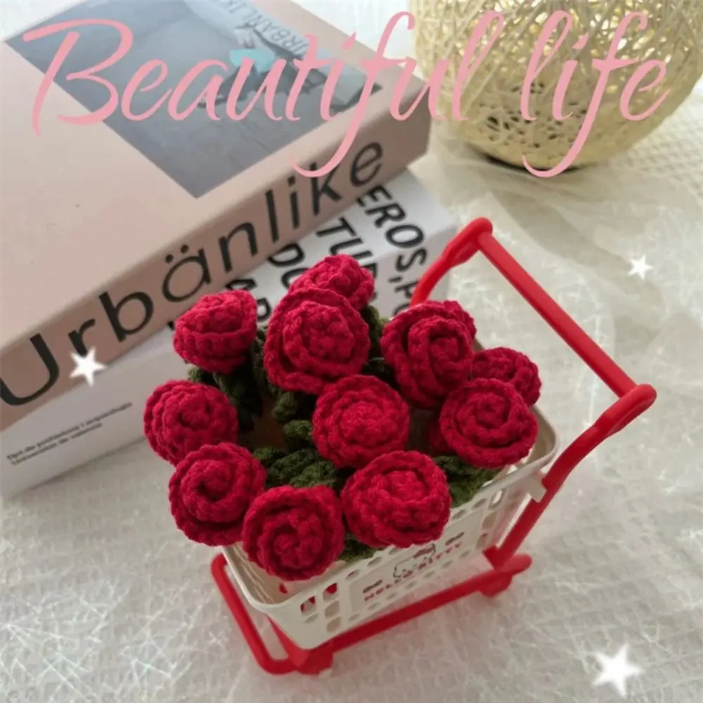 New DIY Rose Bouquet Coaster Hand Knitted Mini Flower Coasters Crochet Flower Pot Mother's Day Gift