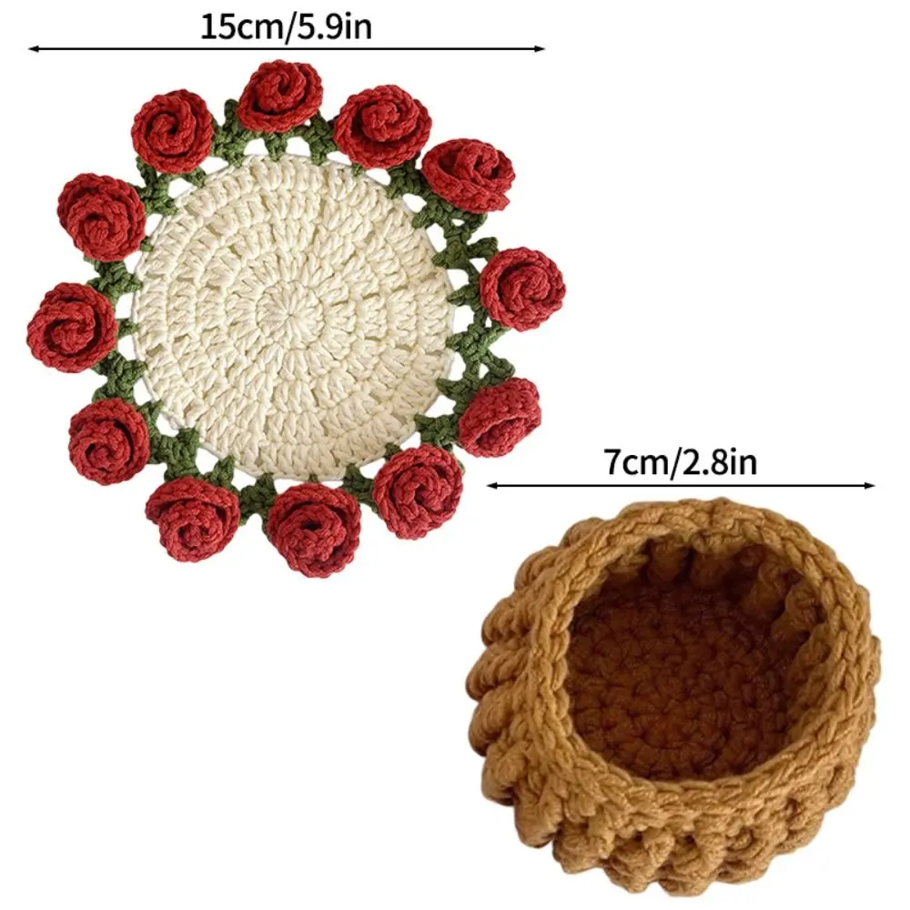 New DIY Rose Bouquet Coaster Hand Knitted Mini Flower Coasters Crochet Flower Pot Mother's Day Gift