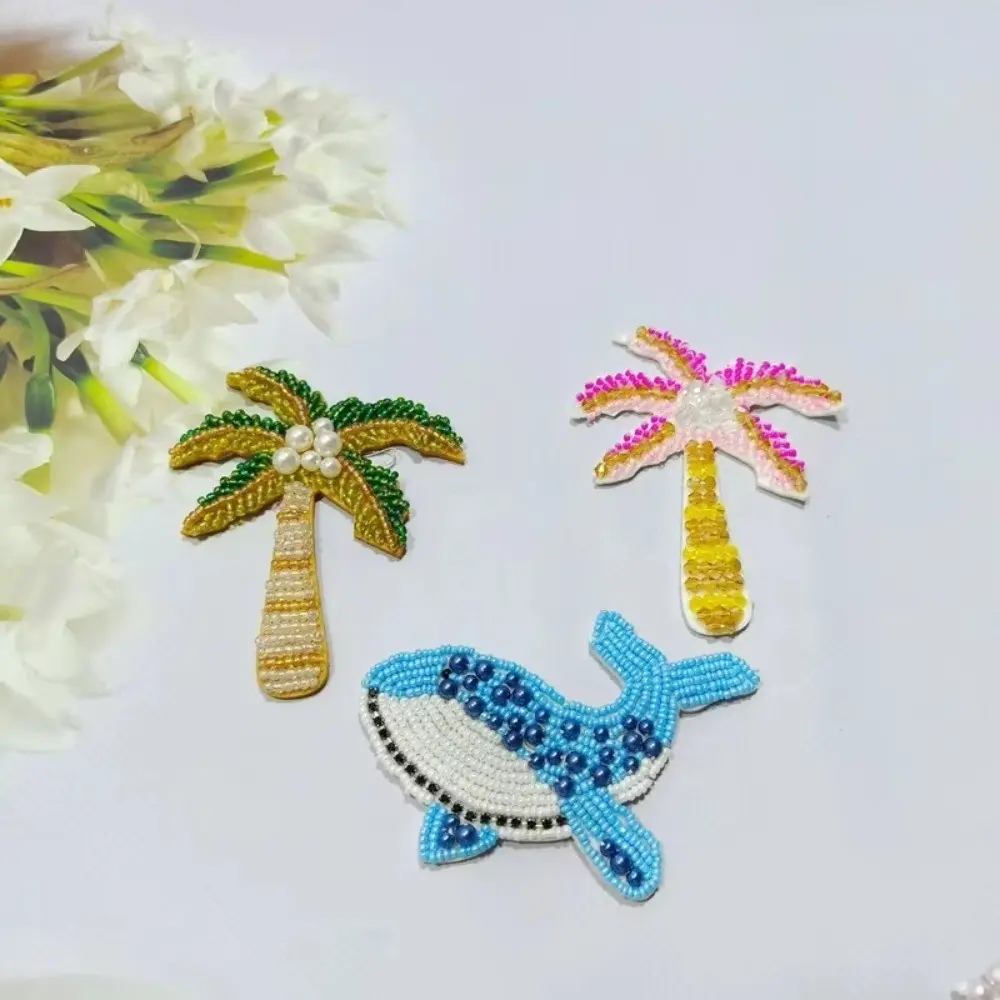 Dolphins Rhinestone Patches Beaded Crystal Sewing Patch Crystal Coconut Tree Patches Waterproof Handmade Craft Clothing Applique