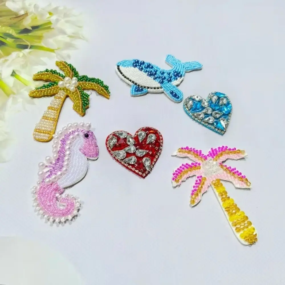 Dolphins Rhinestone Patches Beaded Crystal Sewing Patch Crystal Coconut Tree Patches Waterproof Handmade Craft Clothing Applique