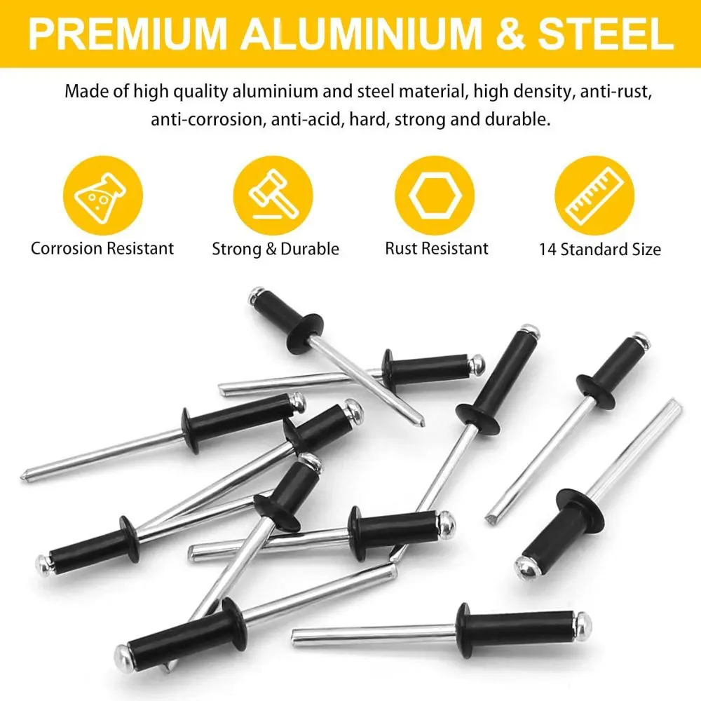 500Pcs/Set 304 Stainless Steel Mushroom Head Rivets Kit 14 Sizes Round Head Blind Rivets Black Durable Pop Rivets