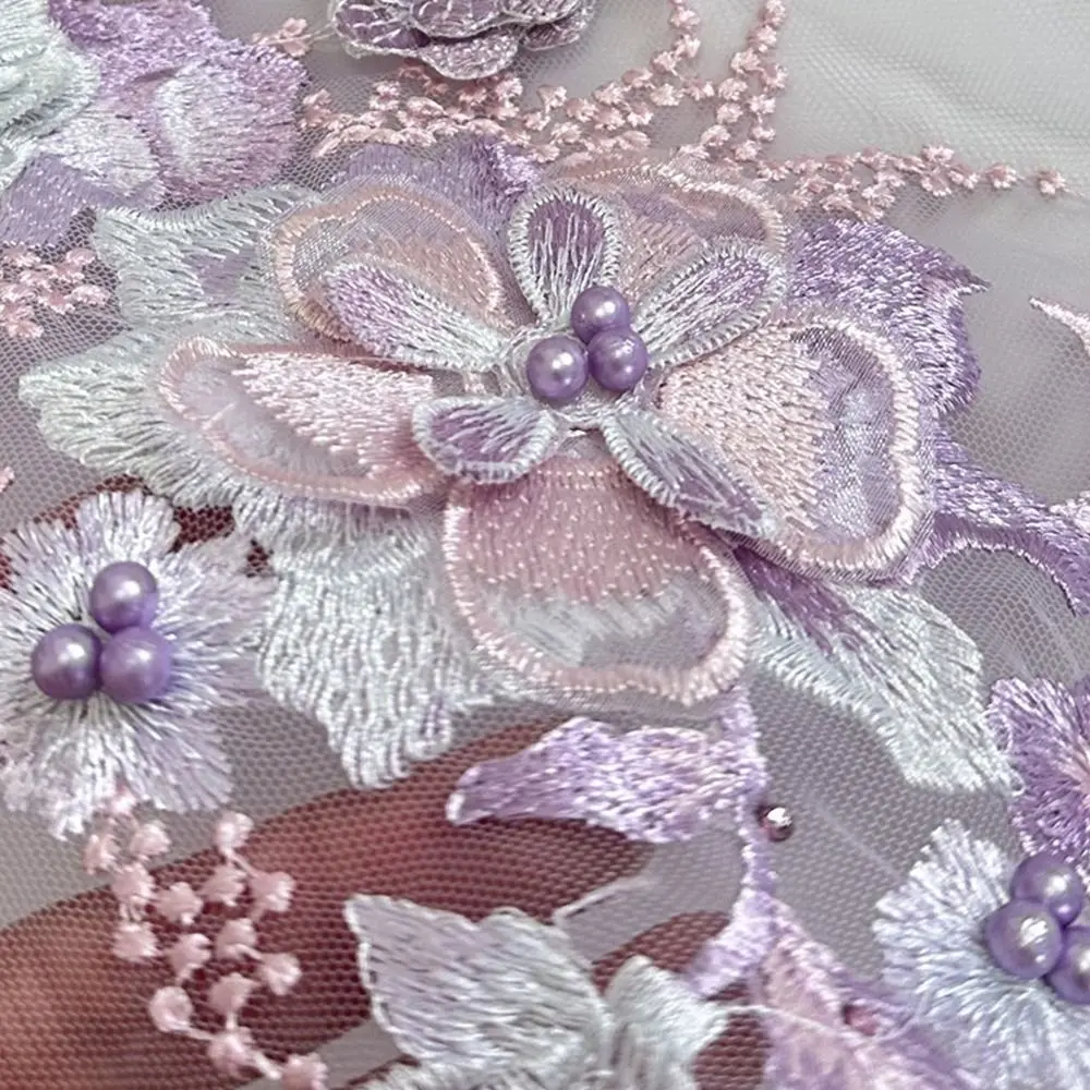 Mesh Bottom Floral Embroidered Patches Pearl Stamen 3D Flower Dress Stickers DIY Clothing Applique Clothing Decorative Patches
