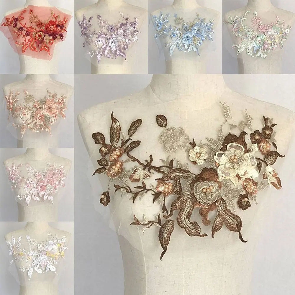 Mesh Bottom Floral Embroidered Patches Pearl Stamen 3D Flower Dress Stickers DIY Clothing Applique Clothing Decorative Patches