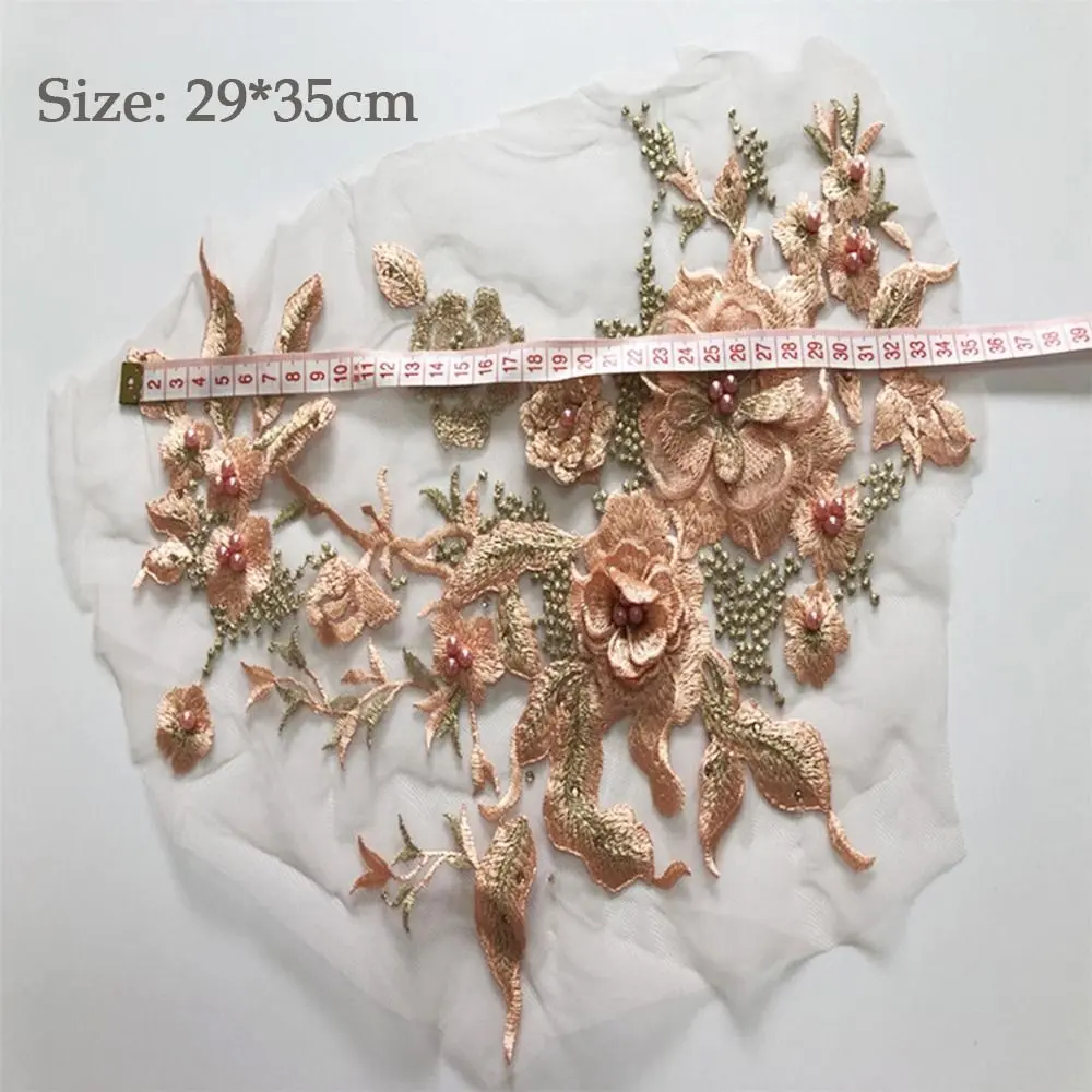 Mesh Bottom Floral Embroidered Patches Pearl Stamen 3D Flower Dress Stickers DIY Clothing Applique Clothing Decorative Patches