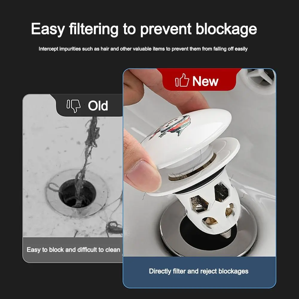 Cartoon Pattern Rebound Drain Plug Pop-up Design Anti-clogging Function Pop-up Basin Filter Anti-clogging Hair Catcher