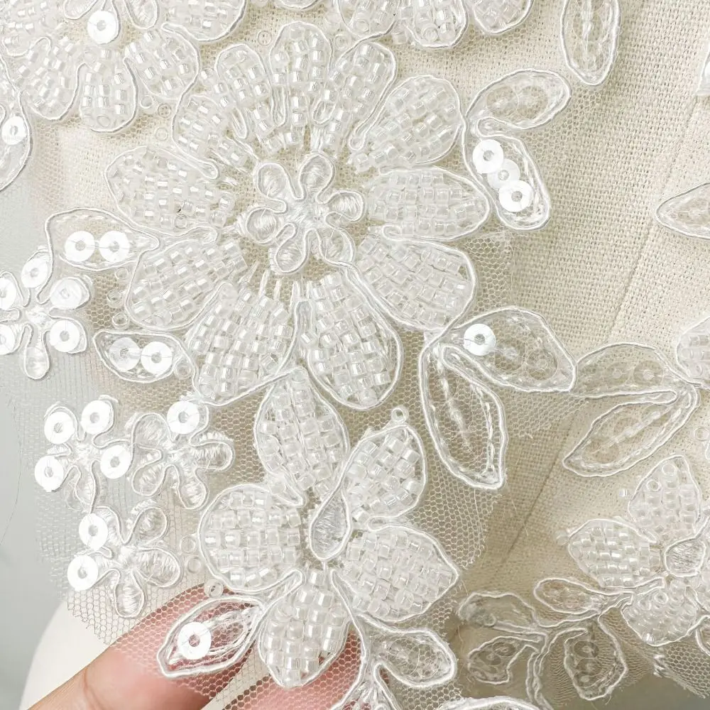 1 pair Black White Beads Lace Embroidery Patch DIY Knitting Floral Flower Clothing Patch Handmade Clothing Appliqué Evening Gown