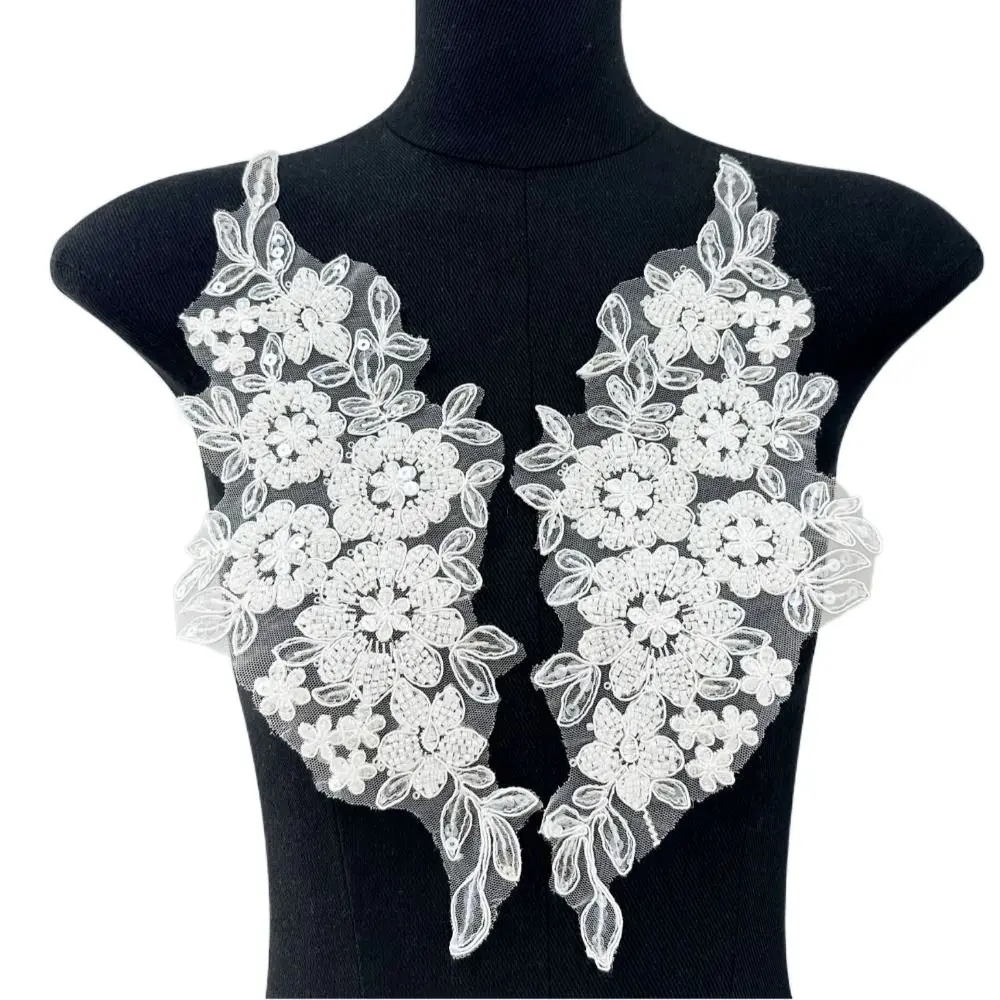 1 pair Black White Beads Lace Embroidery Patch DIY Knitting Floral Flower Clothing Patch Handmade Clothing Appliqué Evening Gown