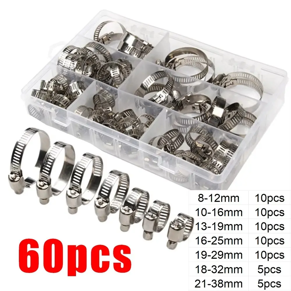60pcs Stainless Steel Hose Clamps Set American Style Exhaust ​​Water Pipe Clamp​​ Hardware Sealing ​​Trachea Clamp​​