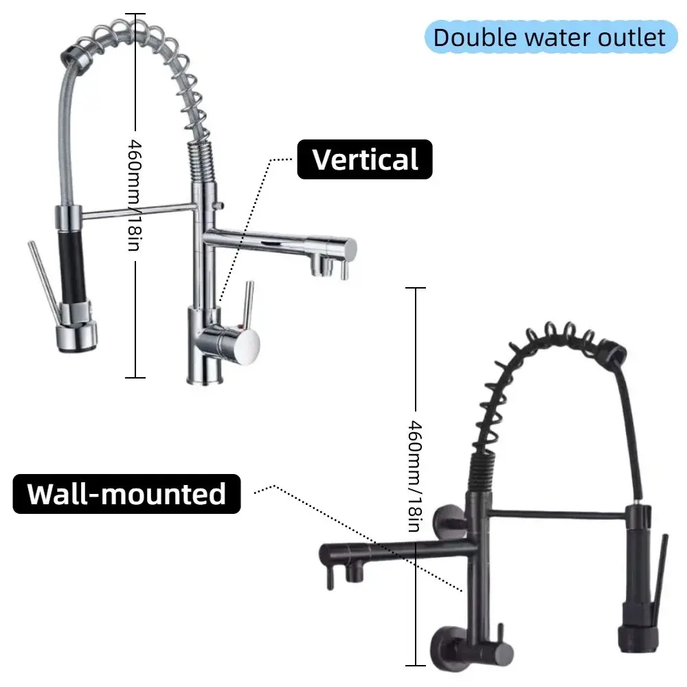 Double Output Kitchen Spring Faucet High Pressure Stainless Sink Faucet 360° Rotating Vertical/wall Mounted Hot/Cold Faucets