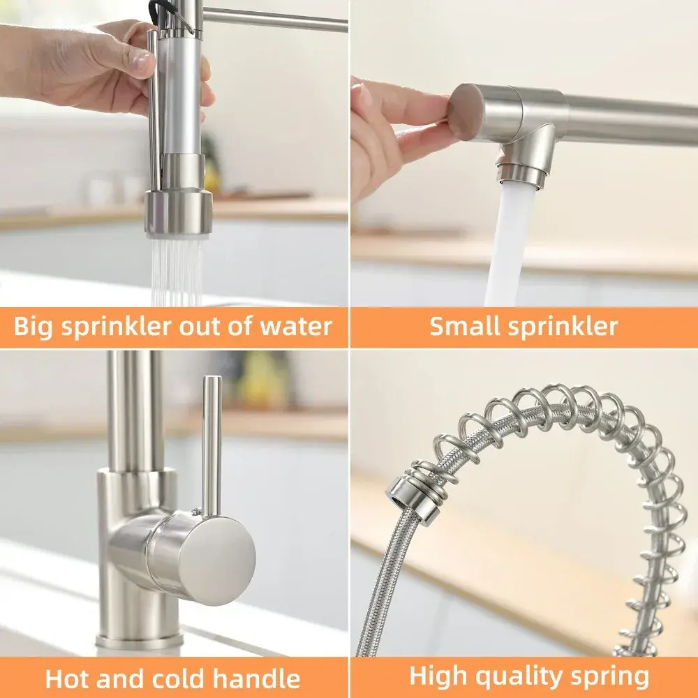 Double Output Kitchen Spring Faucet High Pressure Stainless Sink Faucet 360° Rotating Vertical/wall Mounted Hot/Cold Faucets