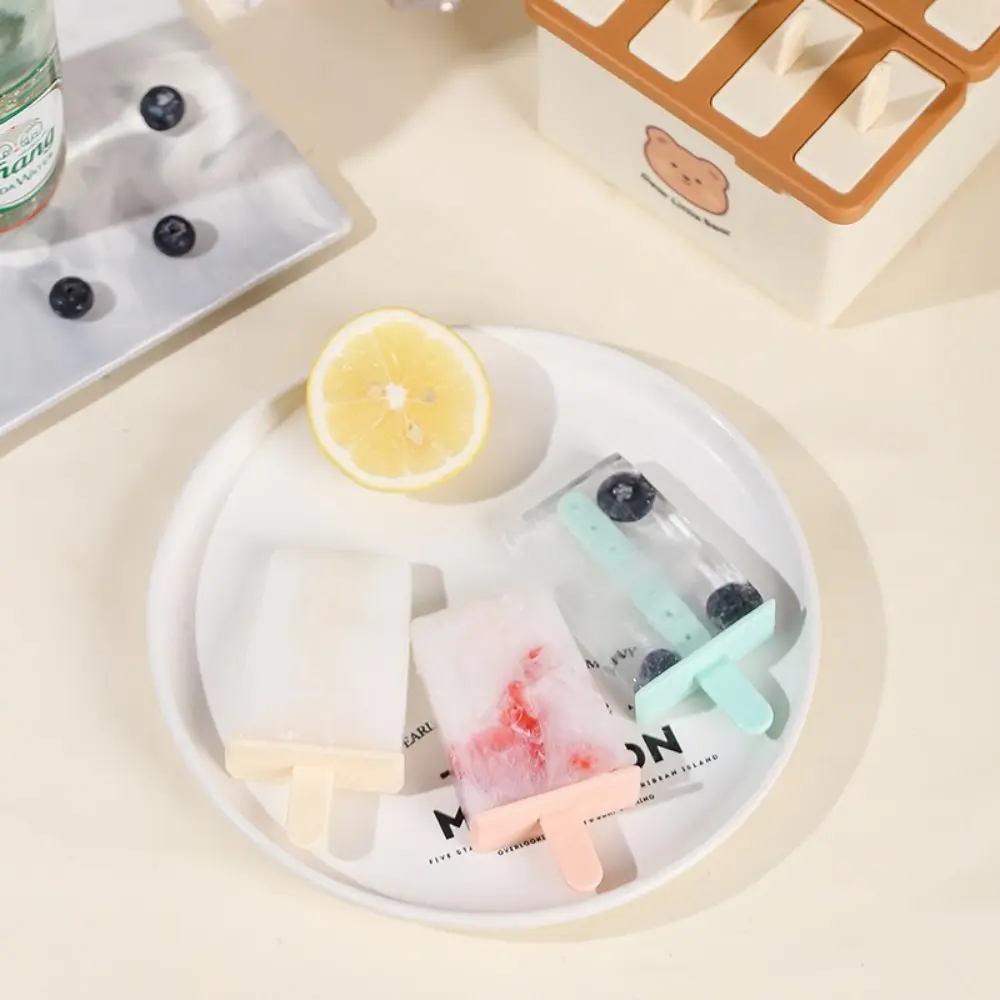 Cute 4/8 grids Popsicle Molds with Lid Bear Ice Cream Mold Kit Reusable Popsicle Maker Homemade Frozen