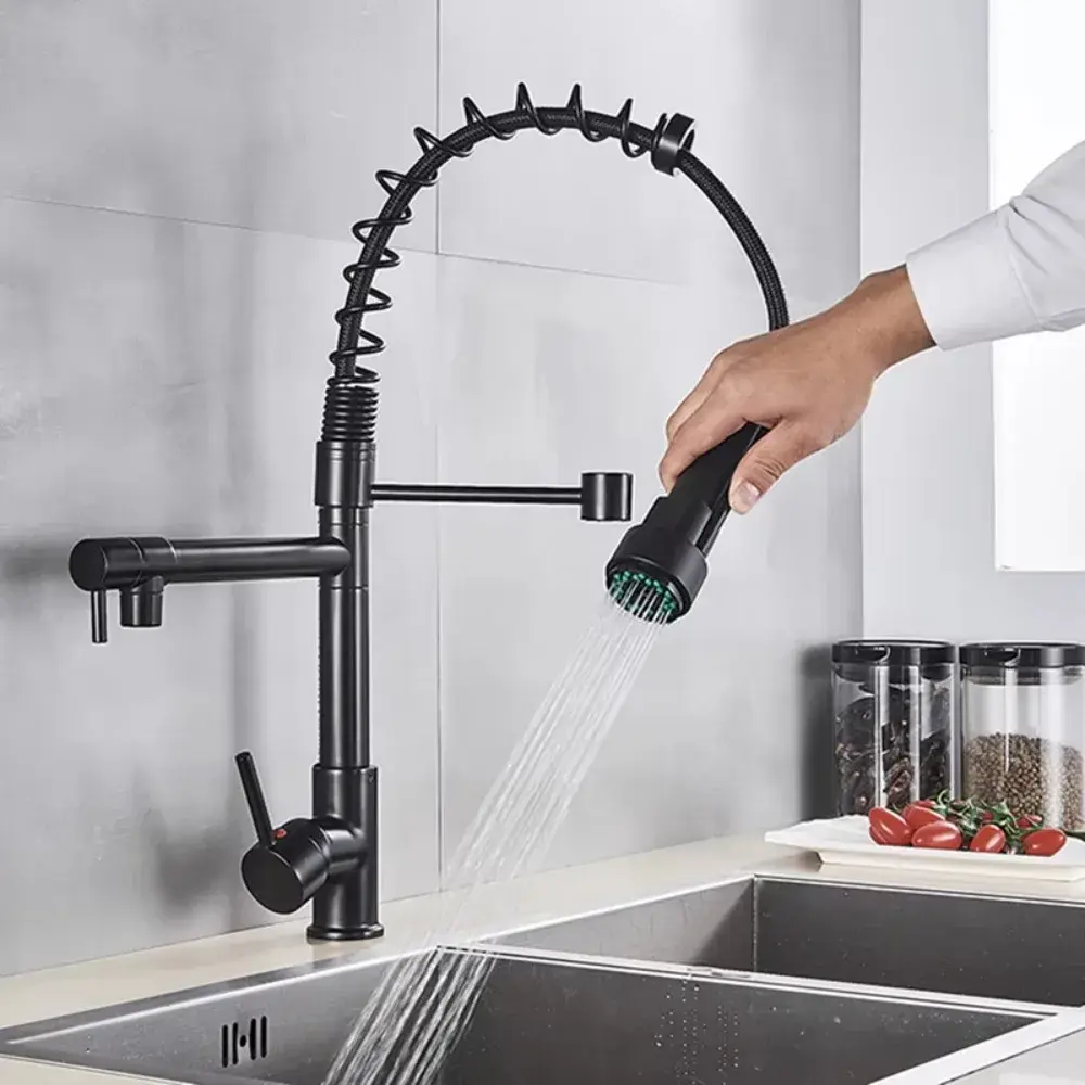 Double Output Kitchen Spring Faucet High Pressure Stainless Sink Faucet 360° Rotating Vertical/wall Mounted Hot/Cold Faucets