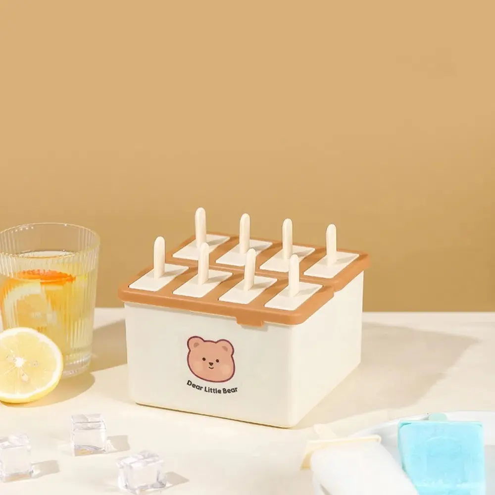 Cute 4/8 grids Popsicle Molds with Lid Bear Ice Cream Mold Kit Reusable Popsicle Maker Homemade Frozen