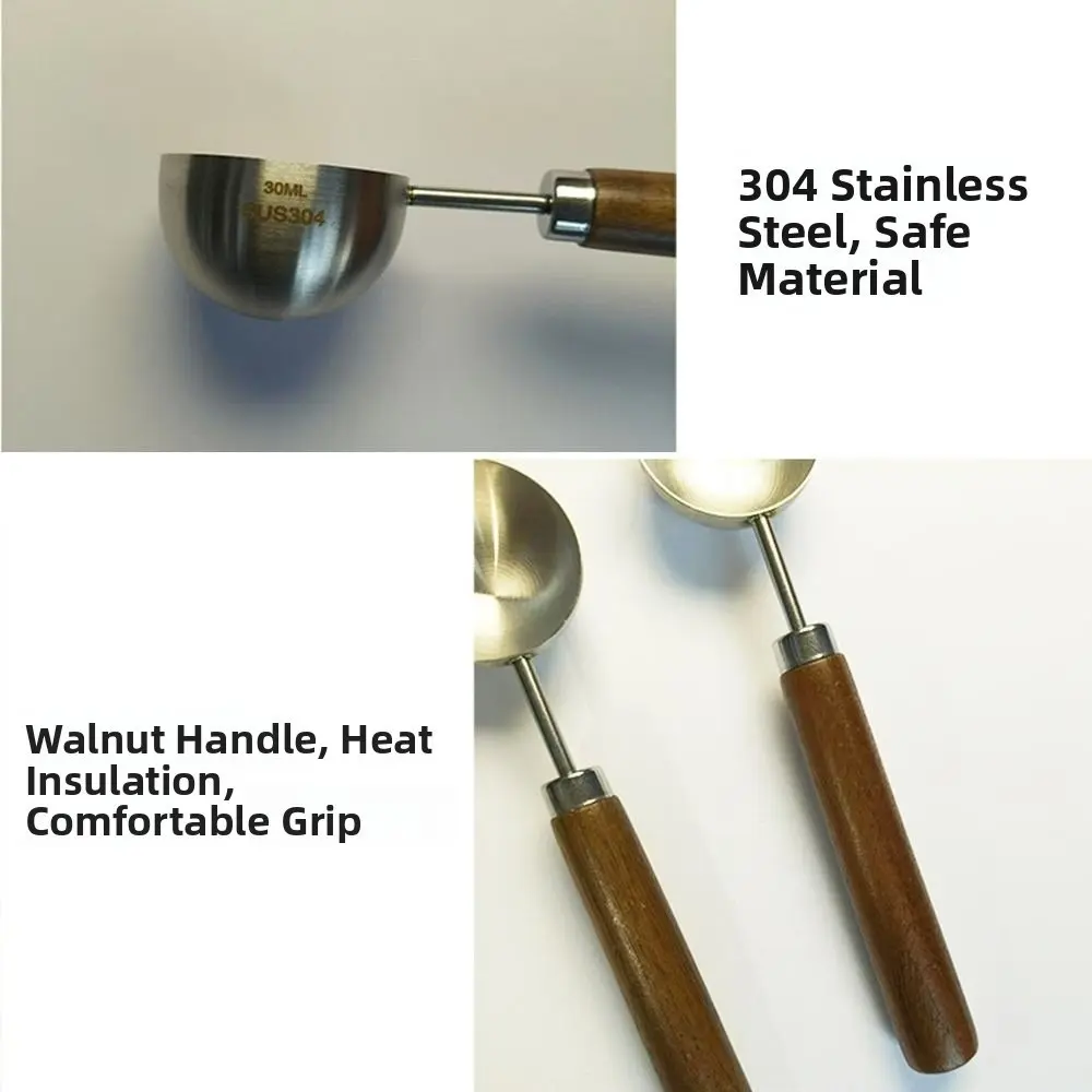 15/30ml Round Coffee Measuring Spoon Wooden Handle Measuring Tools for Kitchen Long Handle Measuring Spoons Stainless Steel