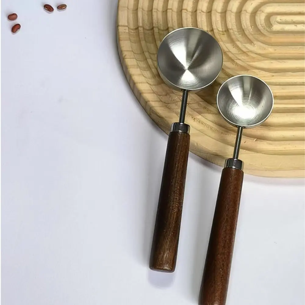 15/30ml Round Coffee Measuring Spoon Wooden Handle Measuring Tools for Kitchen Long Handle Measuring Spoons Stainless Steel