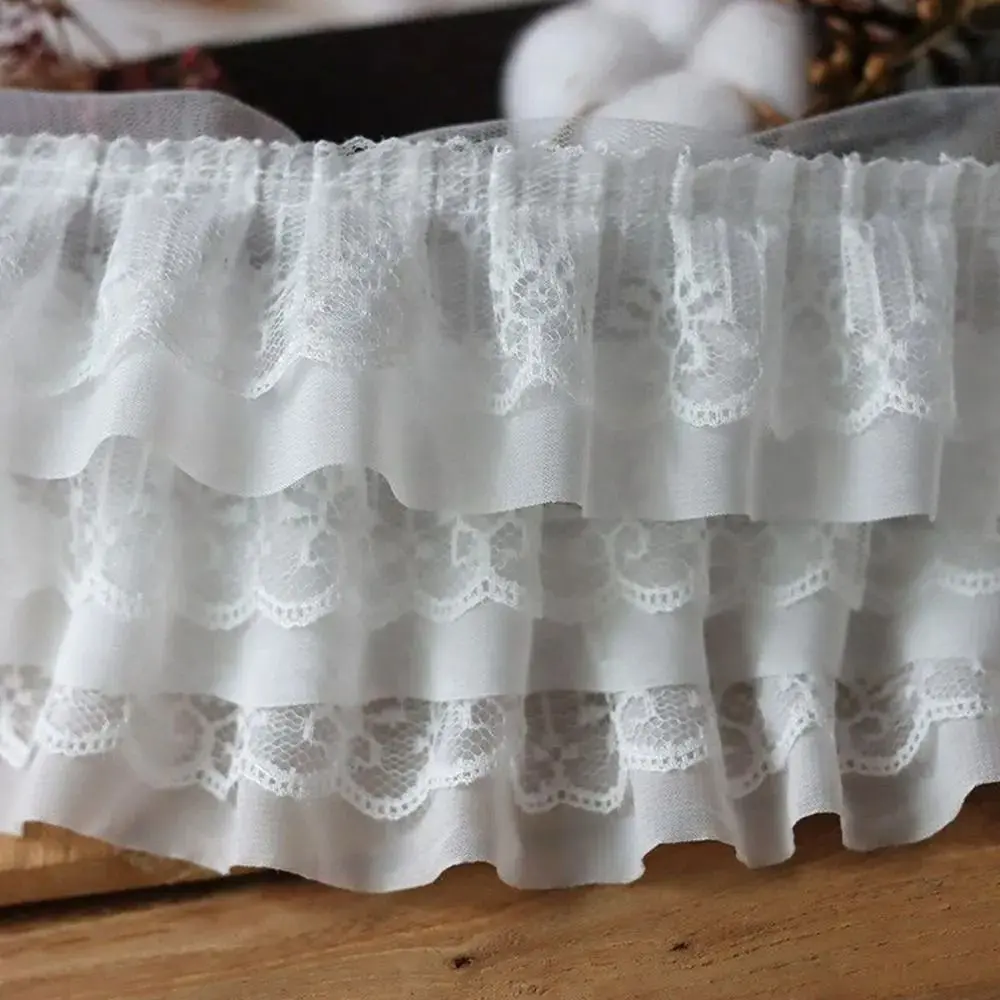 13cm Wide Chiffon Mesh Fabric 3D Pleated Embroidered Chiffon Lace Edge Three Layers Ruffle Trim