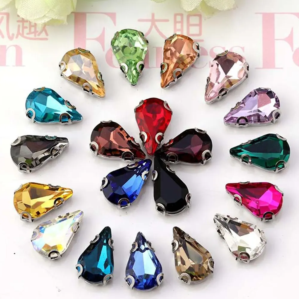 50Pcs/Pack Water Drop Shape Glitter Sewing Rhinestones With Silver Claw Sew On Glass Crystal Stones 8x13mm