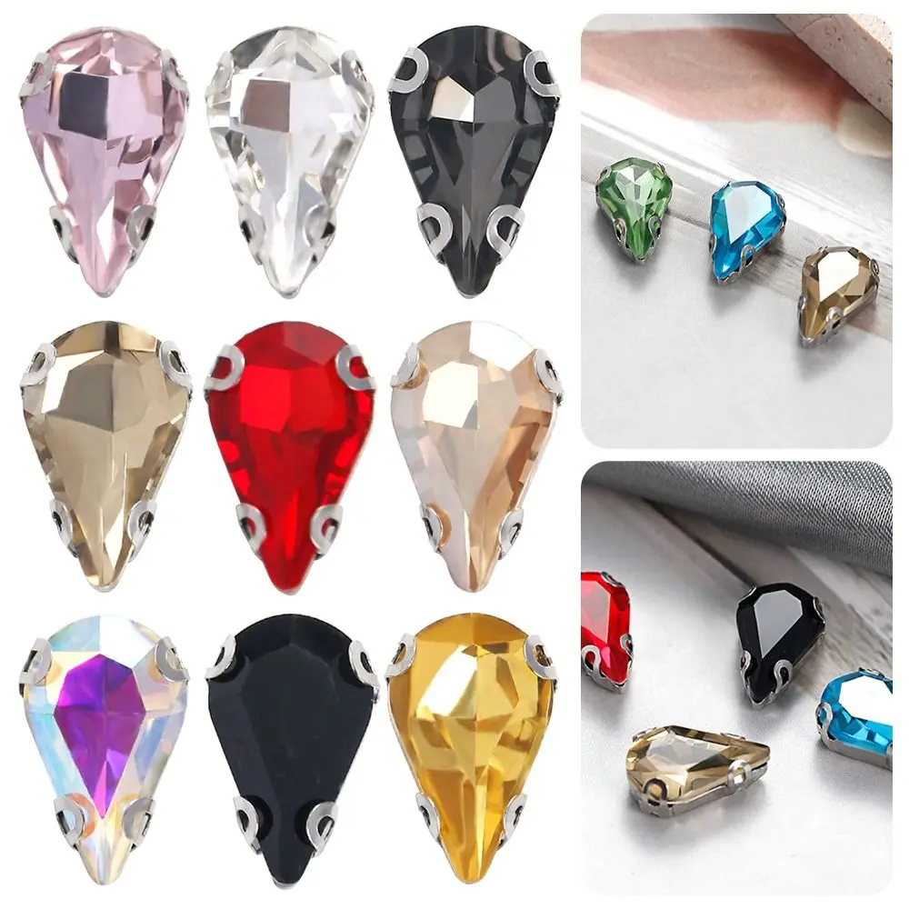 50Pcs/Pack Water Drop Shape Glitter Sewing Rhinestones With Silver Claw Sew On Glass Crystal Stones 8x13mm