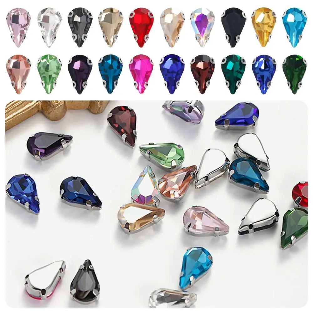 50Pcs/Pack Water Drop Shape Glitter Sewing Rhinestones With Silver Claw Sew On Glass Crystal Stones 8x13mm