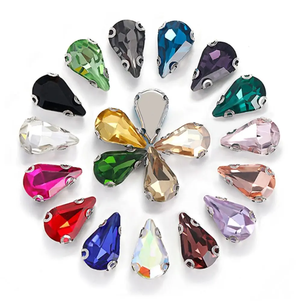 50Pcs/Pack Water Drop Shape Glitter Sewing Rhinestones With Silver Claw Sew On Glass Crystal Stones 8x13mm